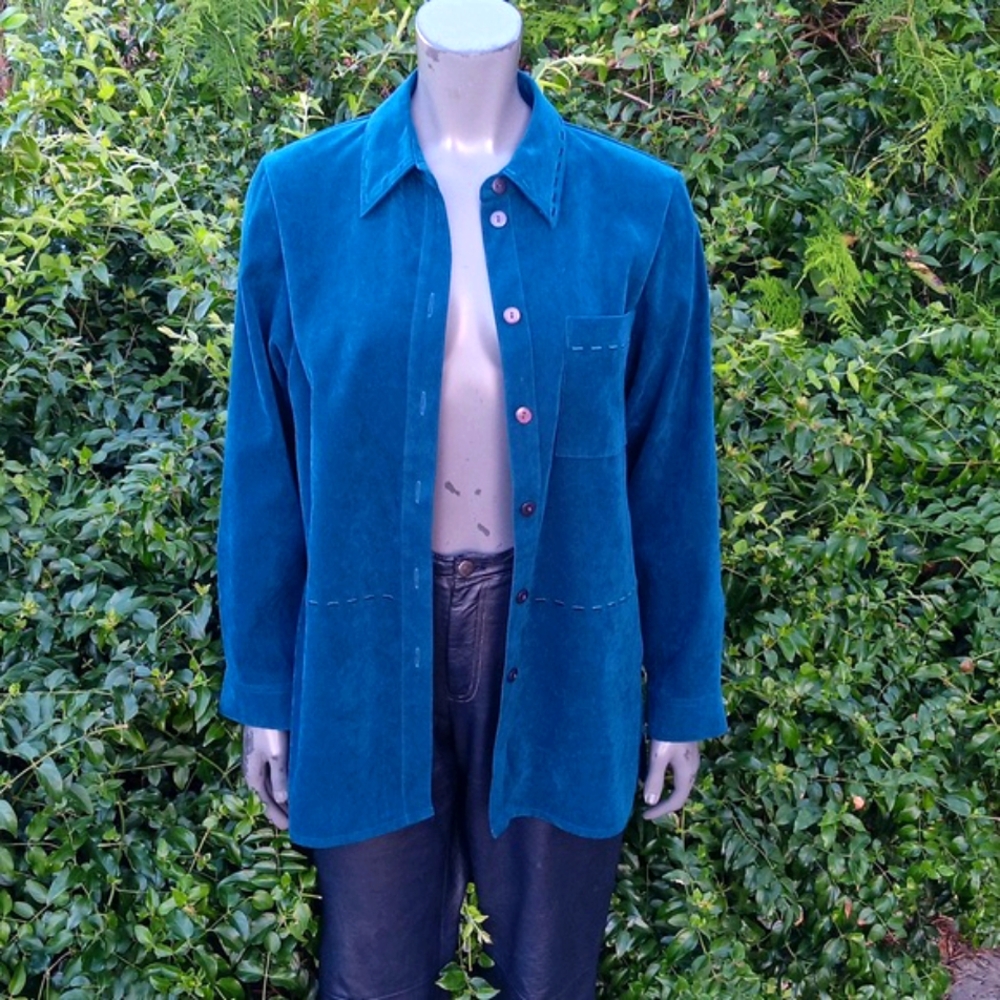 Kim Rogers Signature Teal Button Down Faux Suede Shirt/Blouse